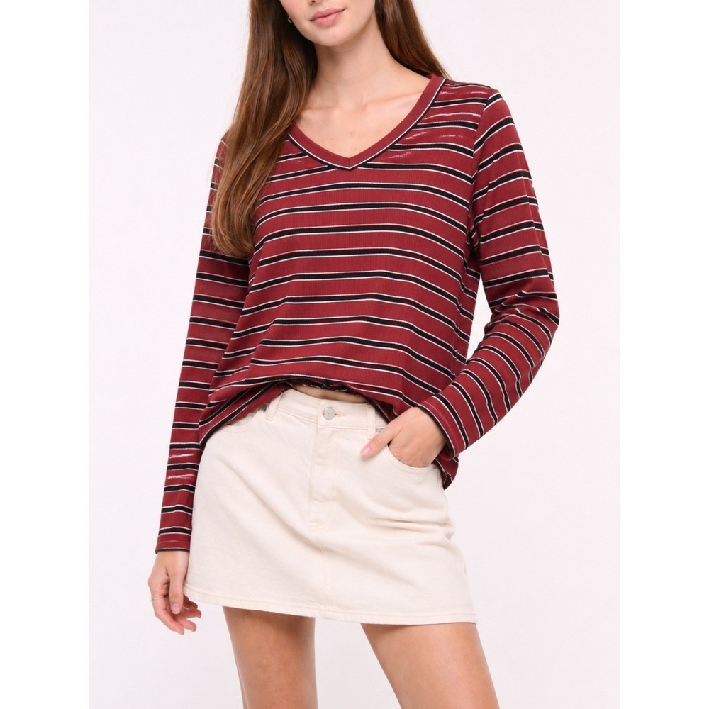 Eddie Bauer Rust/Black/Cream Striped Long Sleeve V-neck Shirt
